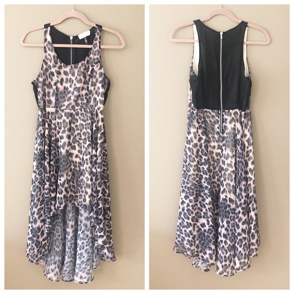 Love Tree Leopard Print Mesh Panel Sleeveless High Low Midi Dress M